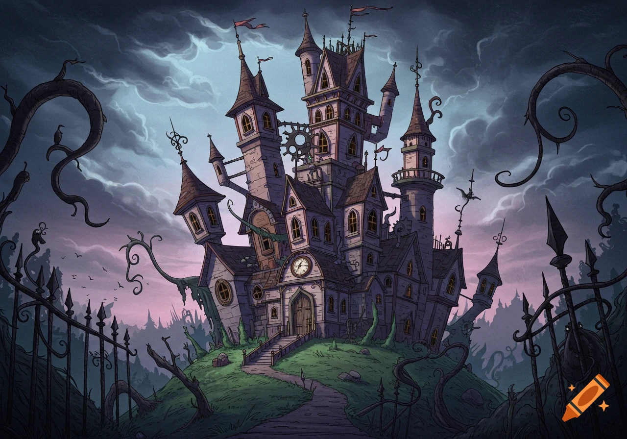 A whimsical, gothic-style fantasy castle with twisting spires and a clock face, under a dramatic, cloudy sky, surrounded by dark, gnarled trees.