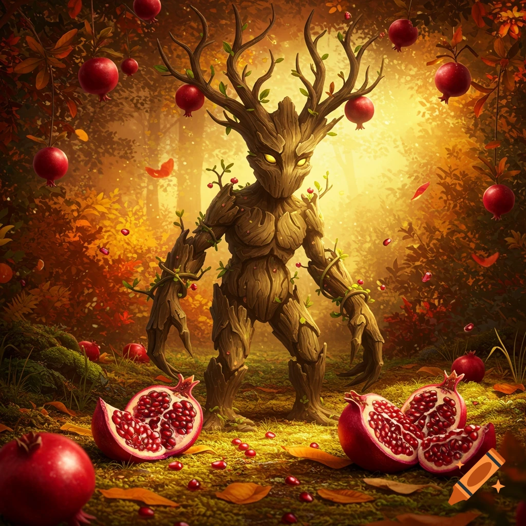 A glowing-eyed leshy, a tree-like creature with antlers, stands in an enchanted autumn forest with pomegranates.