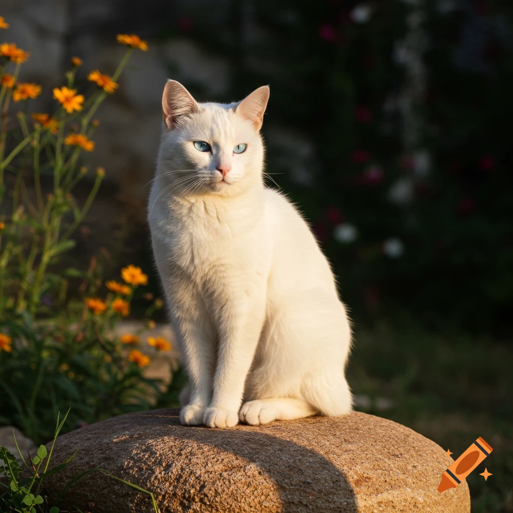 A photorealistic white cat with striking blue eyes sits majestically on a sunlit rock, surrounded by warm orange flowers and greenery.