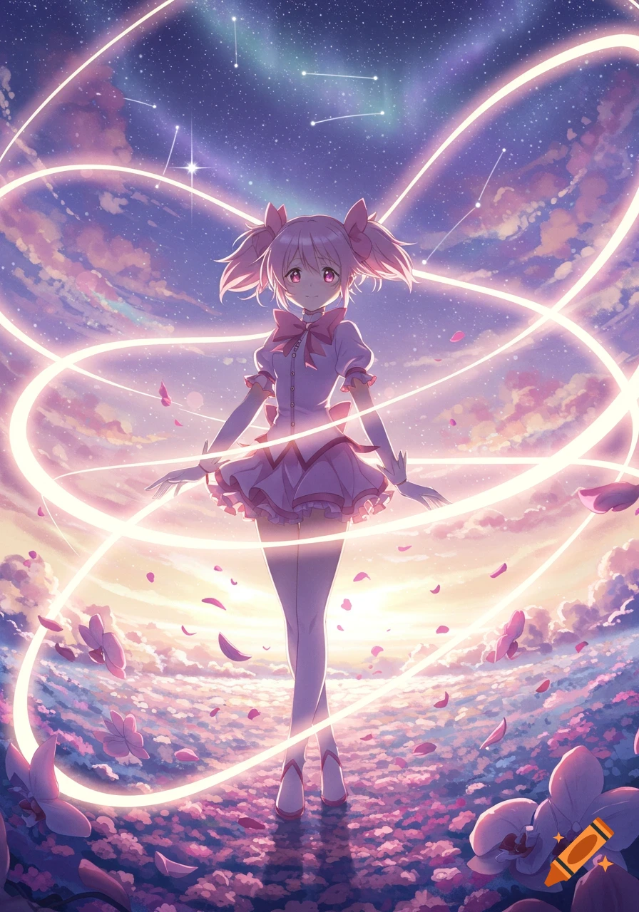 Pink-haired anime girl in a dress stands amidst pink flowers under a starry, cloudy sky with glowing light trails.