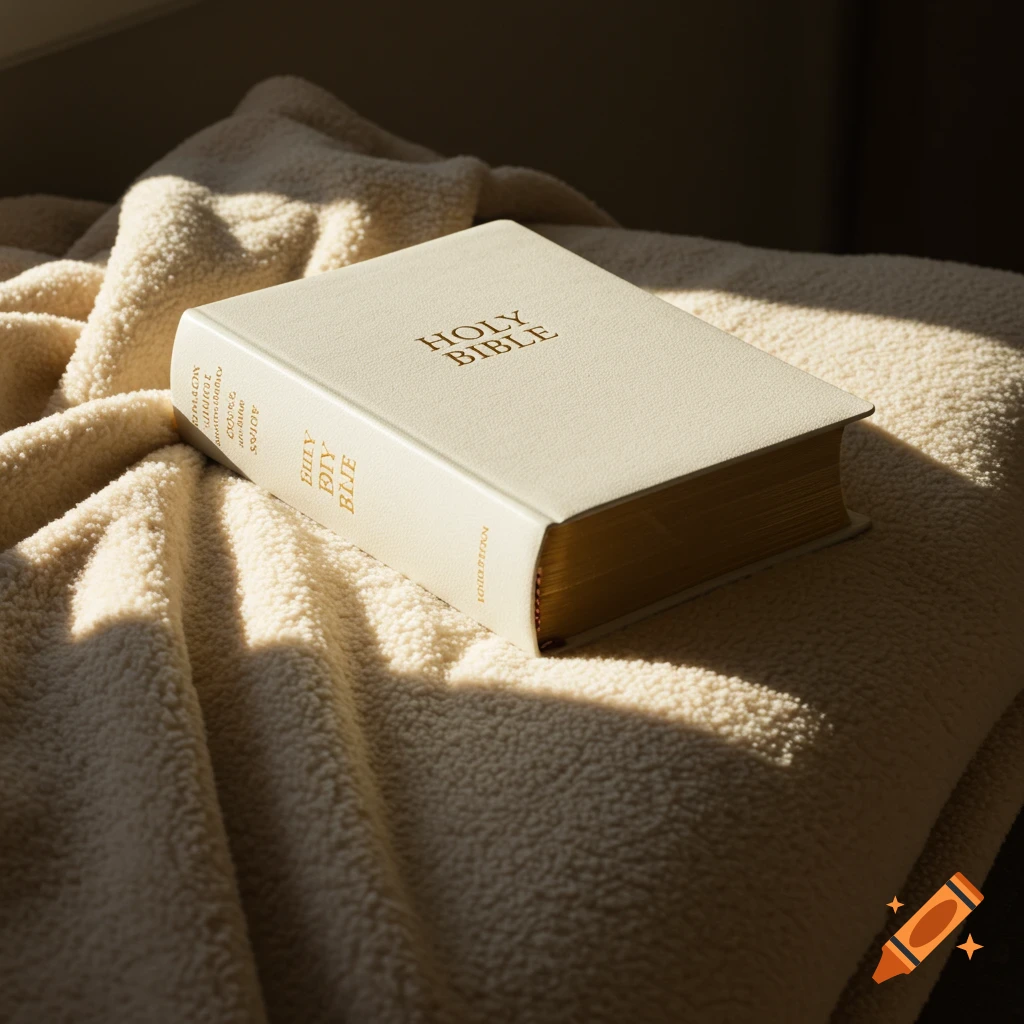 A white Bible with 'HOLY BIBLE' on its cover rests on a cream-colored, folded blanket, bathed in warm sunlight.