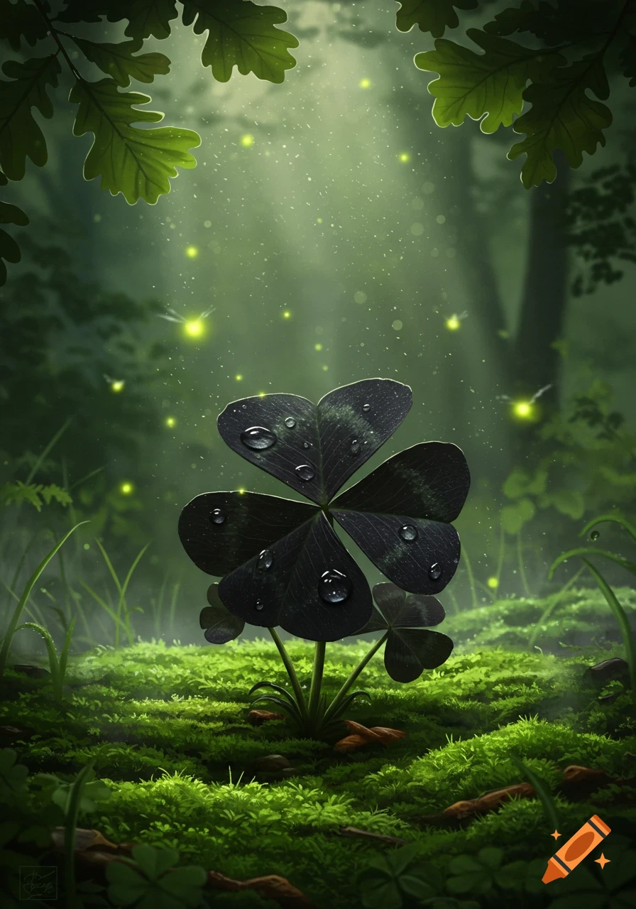 A dark four-leaf clover with dewdrops stands on vibrant green moss in a lush, magical forest with dappled sunlight and glowing fireflies.