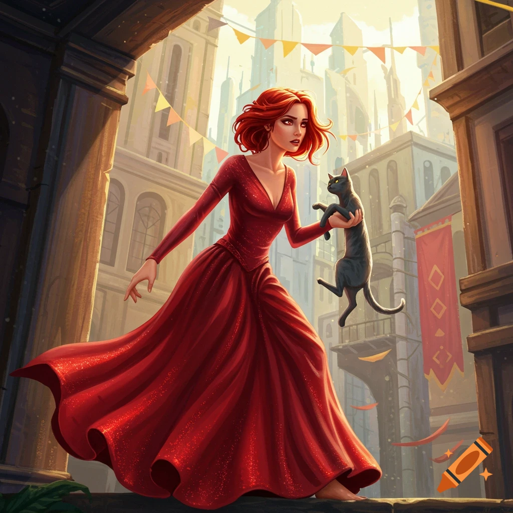 A red-haired woman in a flowing red dress, with glowing red eyes, carries a black cat through a fantasy city street. Stylized illustration.