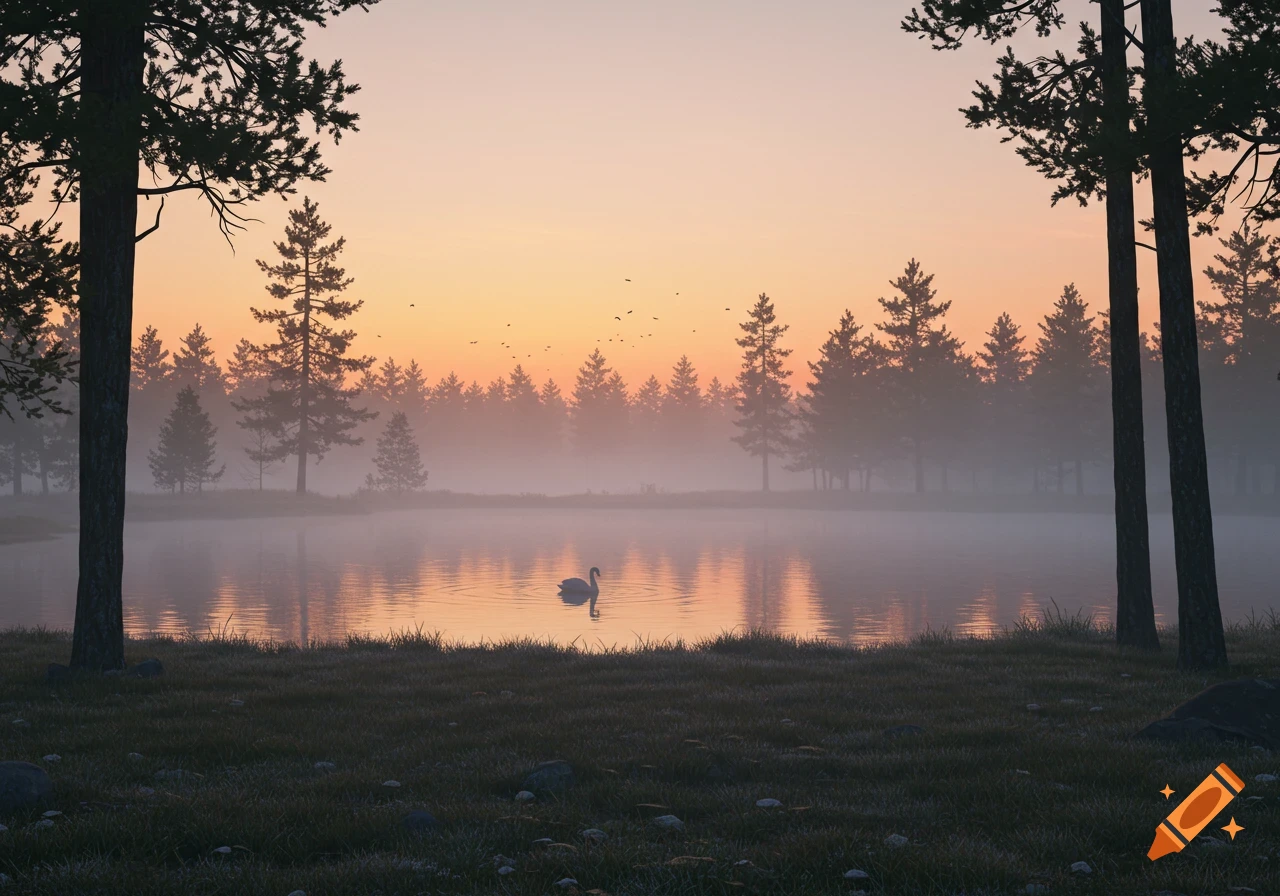 A photorealistic image of a white swan on a misty lake at sunrise, surrounded by silhouetted pine trees.