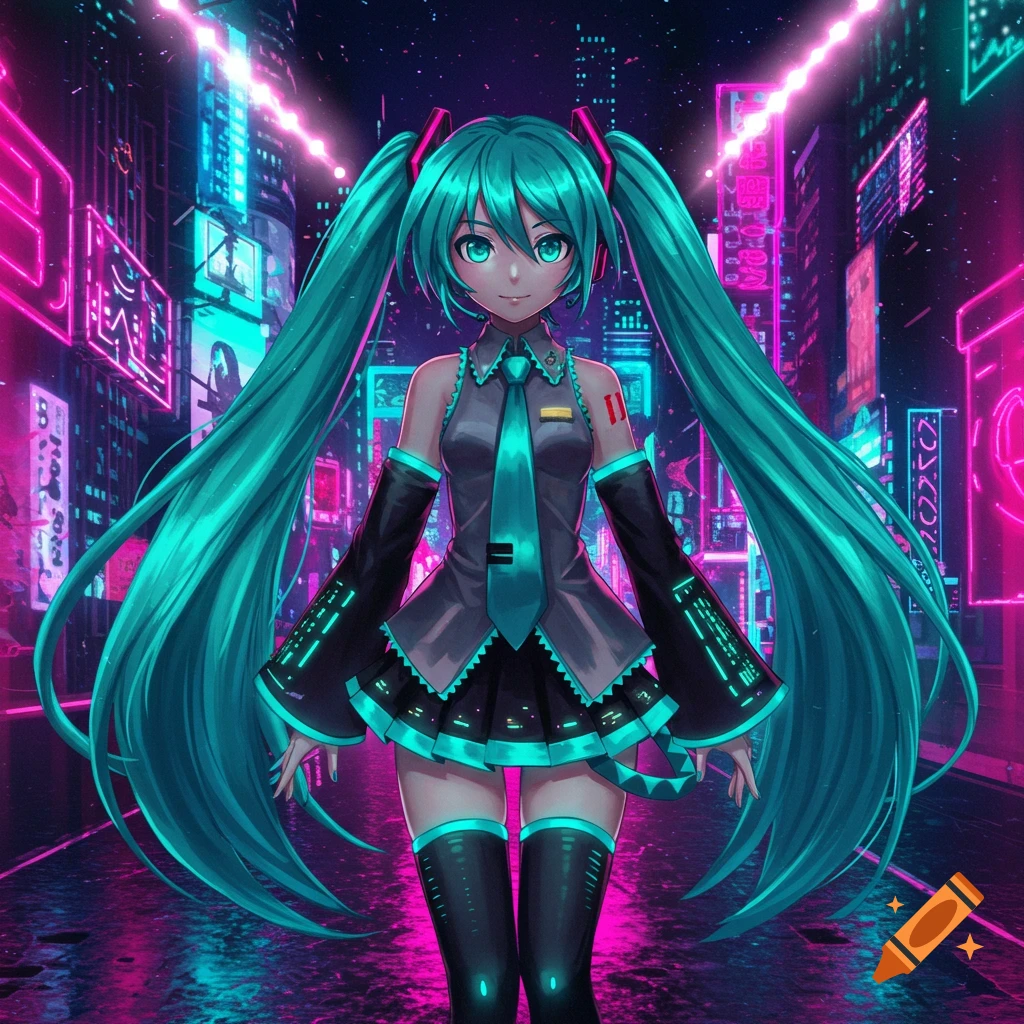 A vibrant anime girl with long turquoise pigtails stands in a neon-lit cyberpunk city at night.