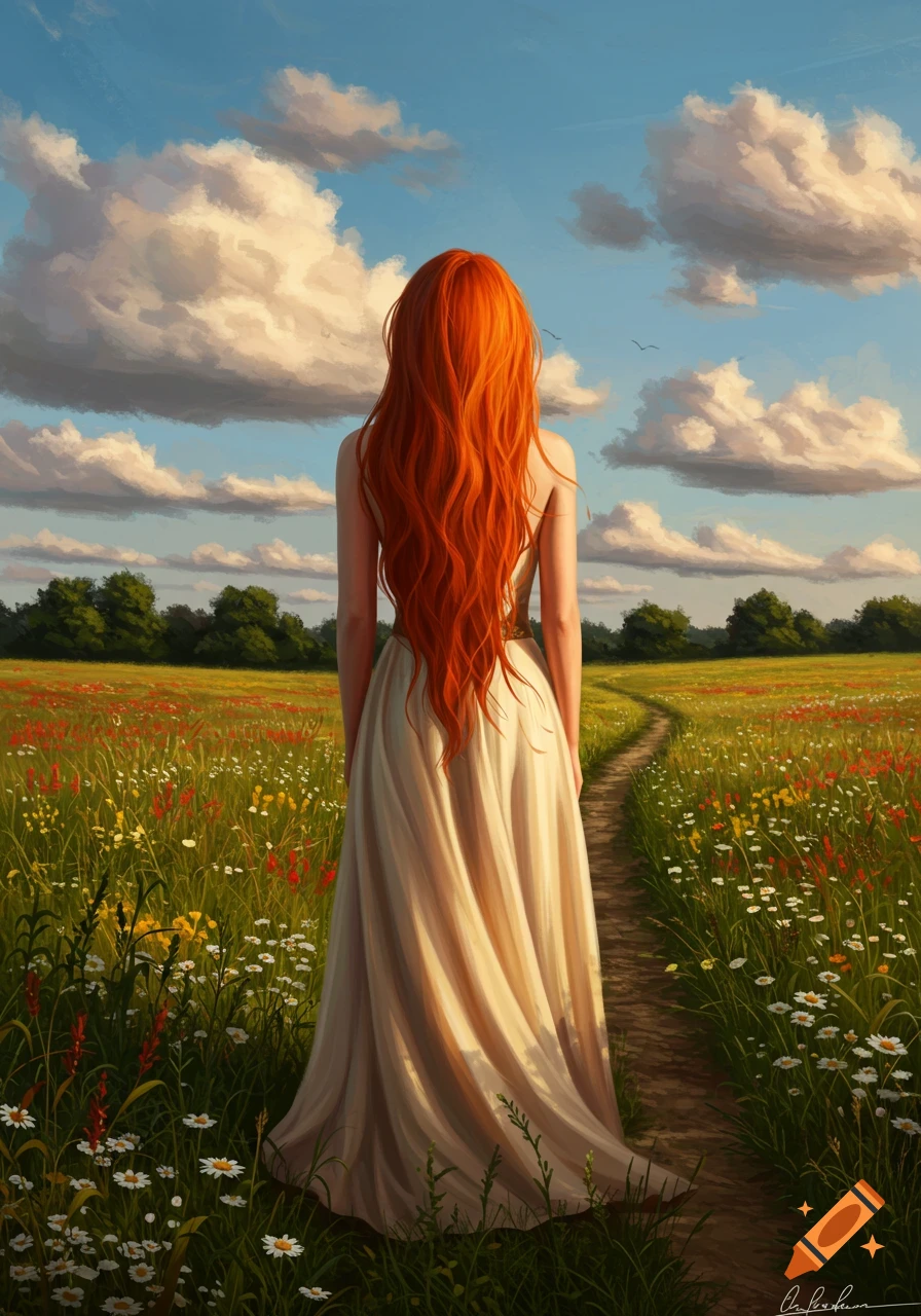 Woman with long red hair, seen from behind, walking on a path through a vibrant wildflower field under a cloudy blue sky, digital painting.