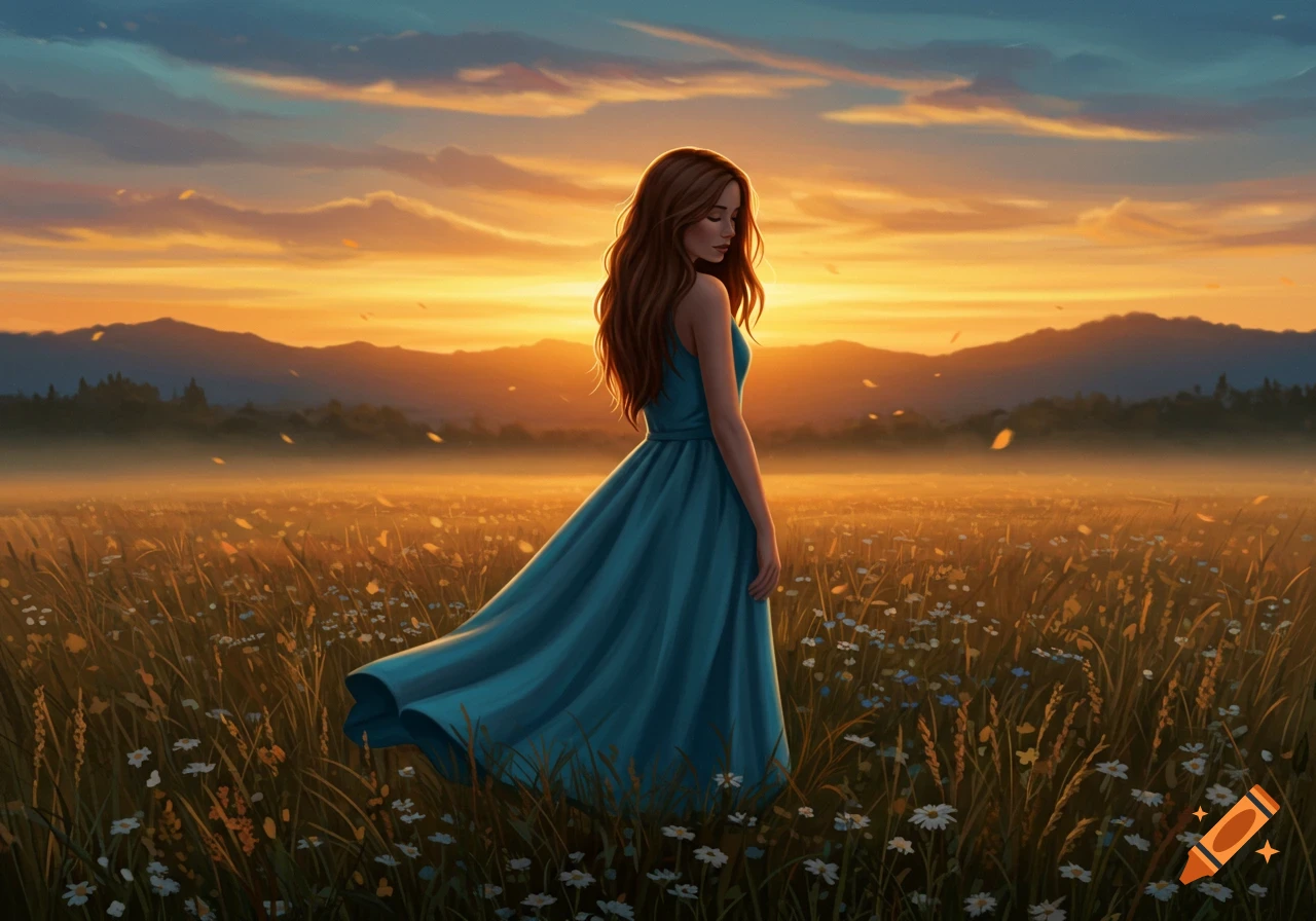 A woman with long brown hair in a teal dress stands in a field of wildflowers and tall grass at sunset, with mountains in the background.