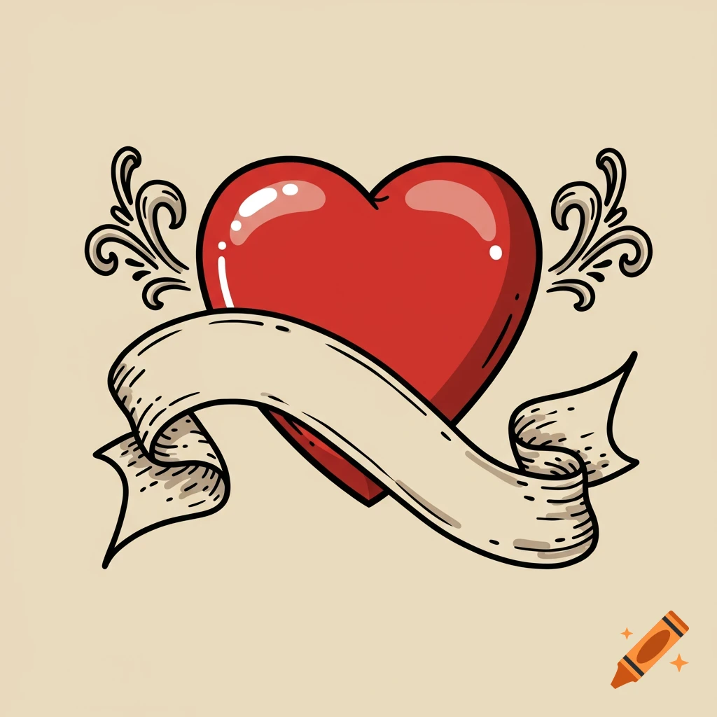 A stylized red heart with a glossy finish, wrapped by a plain beige banner, flanked by decorative black swirls, in a classic tattoo design style.