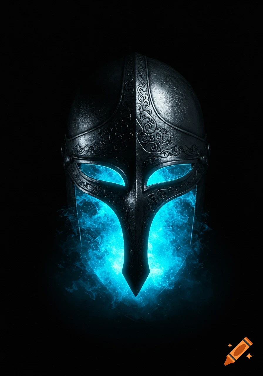 Ornate dark medieval helmet with bright blue glowing energy emanating from its eyes and lower face against a black background.