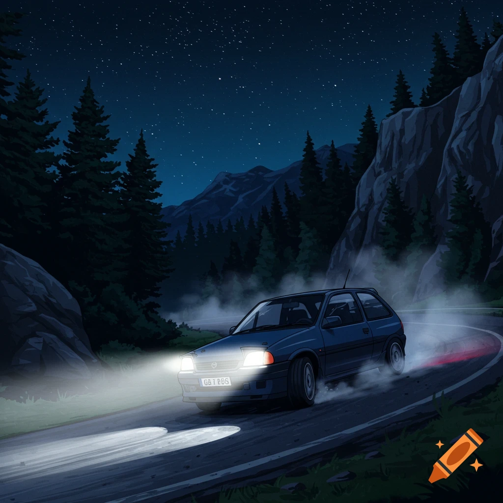 Illustrated blue Opel Corsa drifts on a dark, winding mountain road at night under a starry sky, kicking up smoke.