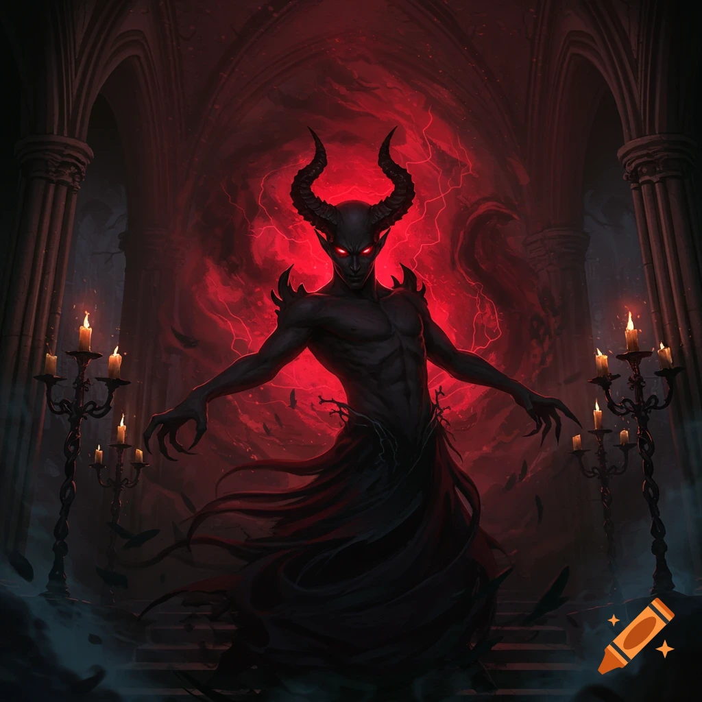 A menacing, horned demon with glowing red eyes and dark skin stands in a gothic cathedral, surrounded by a red, swirling aura and candelabras.