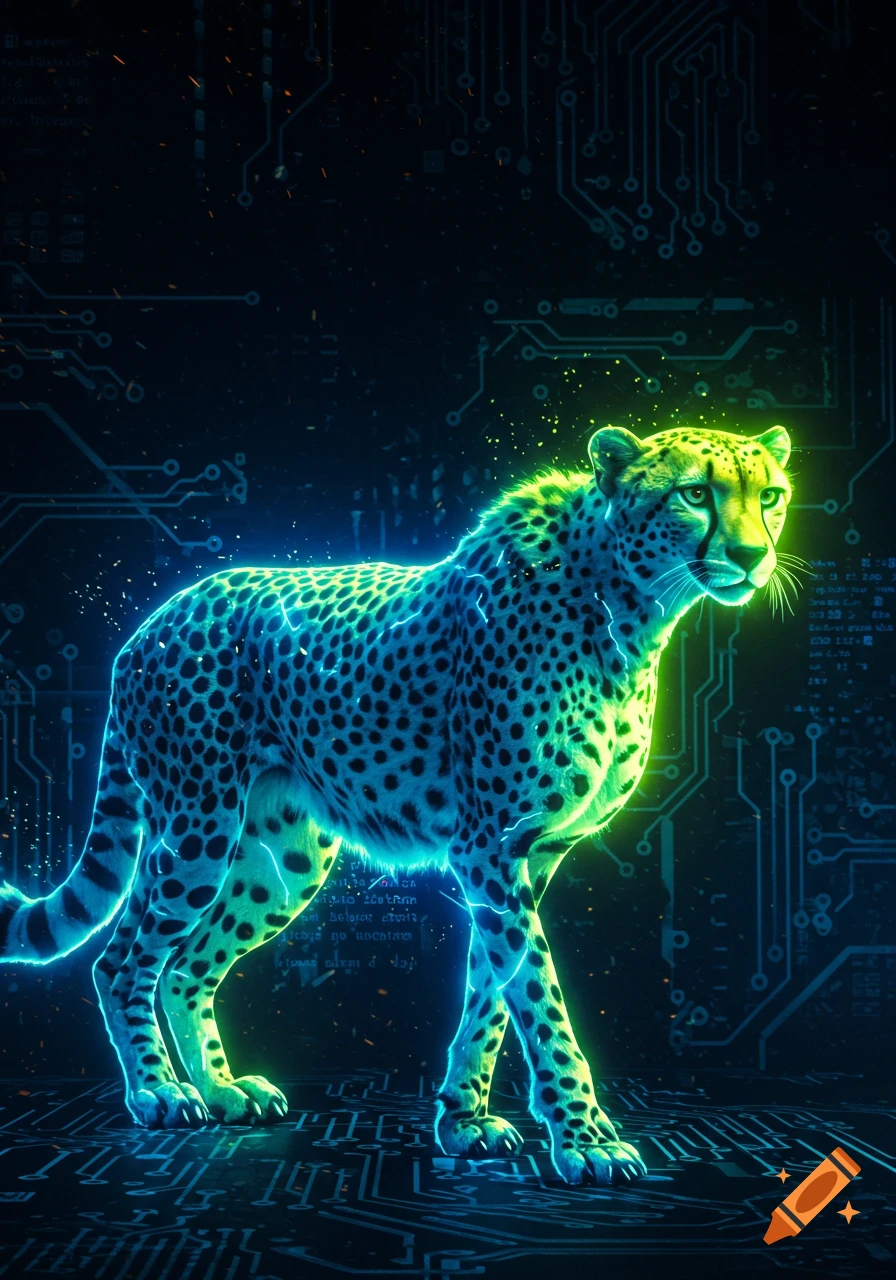 A vibrant electric cheetah glows blue and green, walking across a futuristic circuit board background in a digital art style.