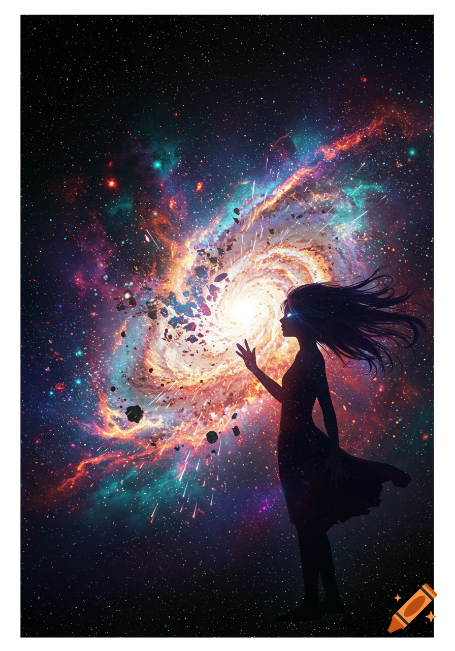 A silhouetted girl with glowing eyes and flowing hair stands before a vibrant, colorful galaxy, reaching out as if interacting with its swirling energy. Stylized.