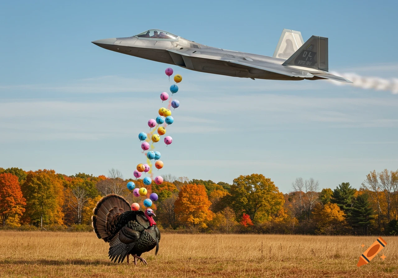 A photorealistic F-22 fighter jet flies over an autumn field, dropping colorful golf balls onto a large turkey.