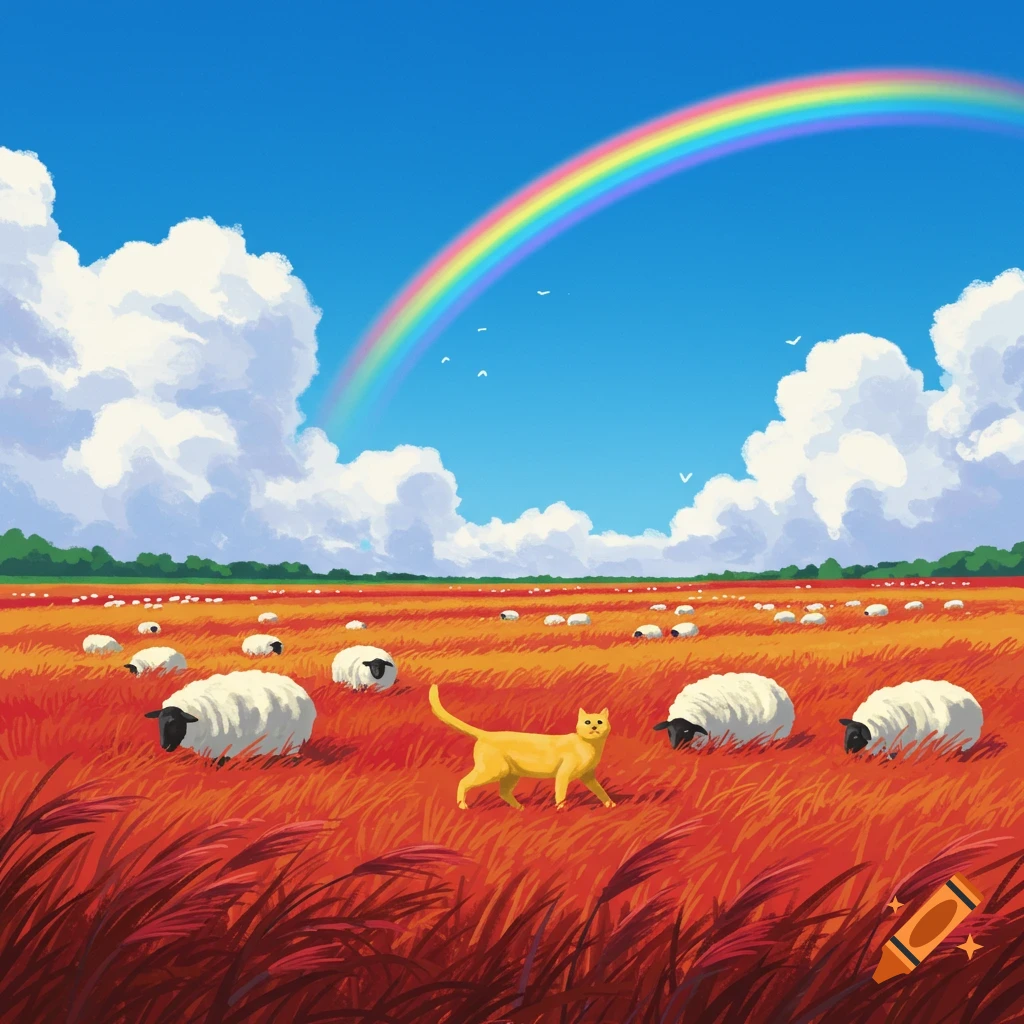 A vibrant illustration of a yellow cat walking through a red field among sheep, under a blue sky with a rainbow and white clouds.