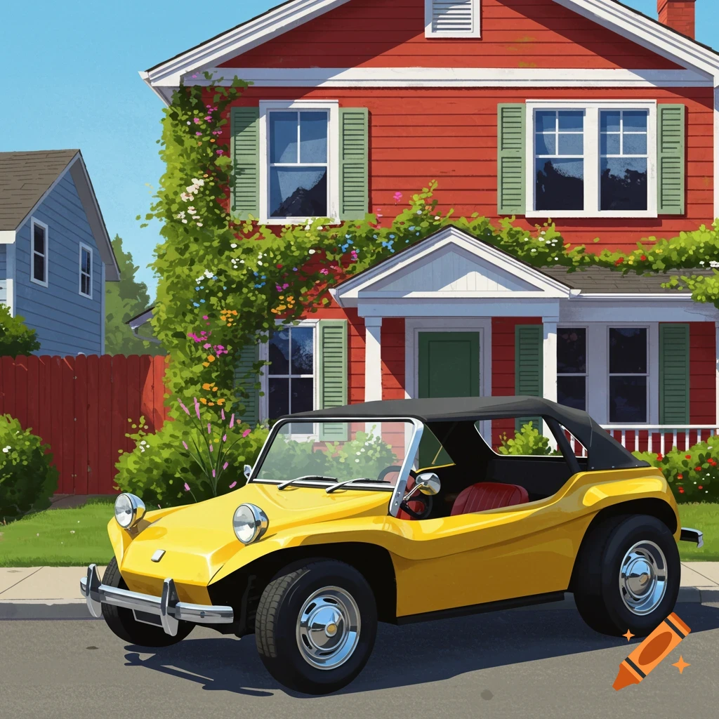 An illustrated yellow 60s dune buggy parked on a street in front of a red house with green shutters and climbing vines.
