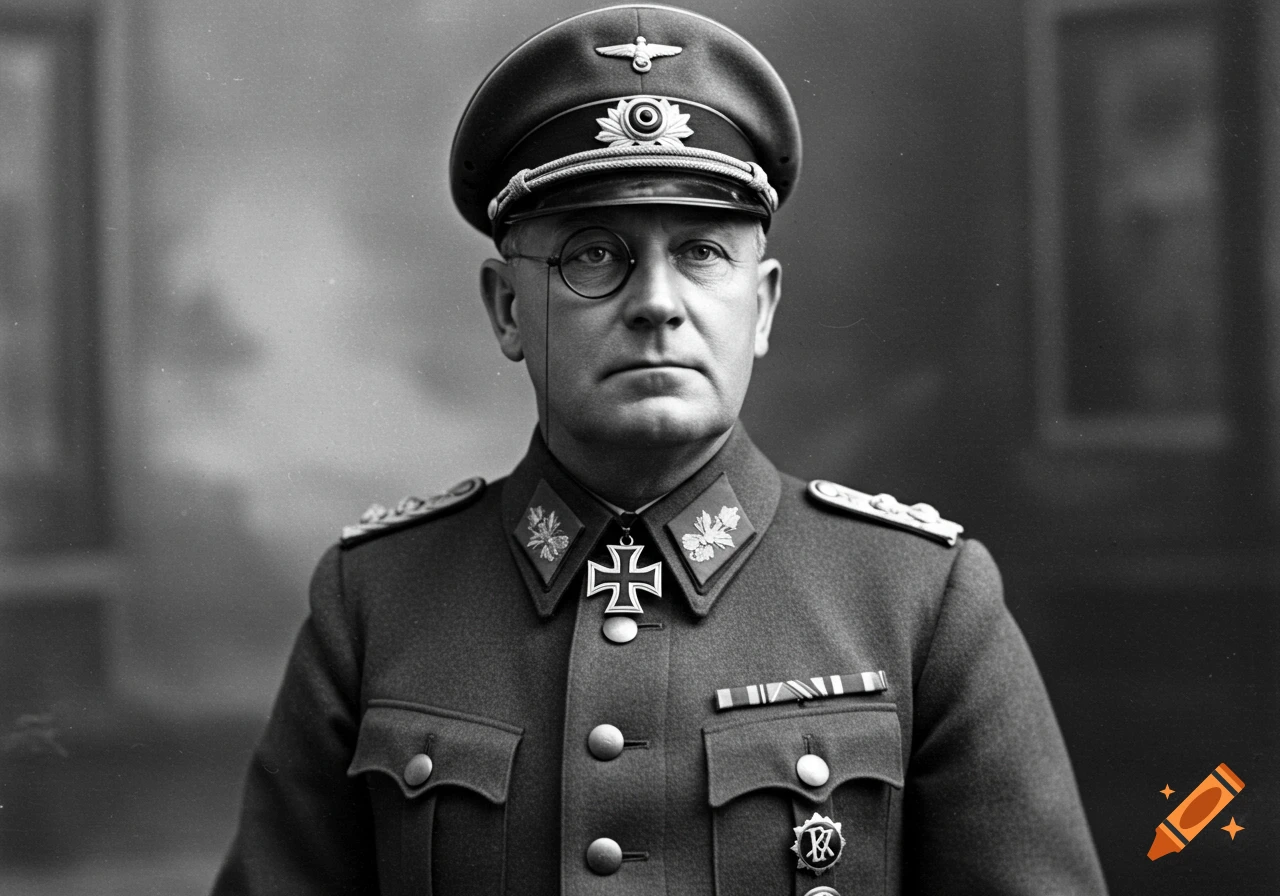 A black and white portrait of a middle-aged German military officer in uniform, wearing a monocle and medals.