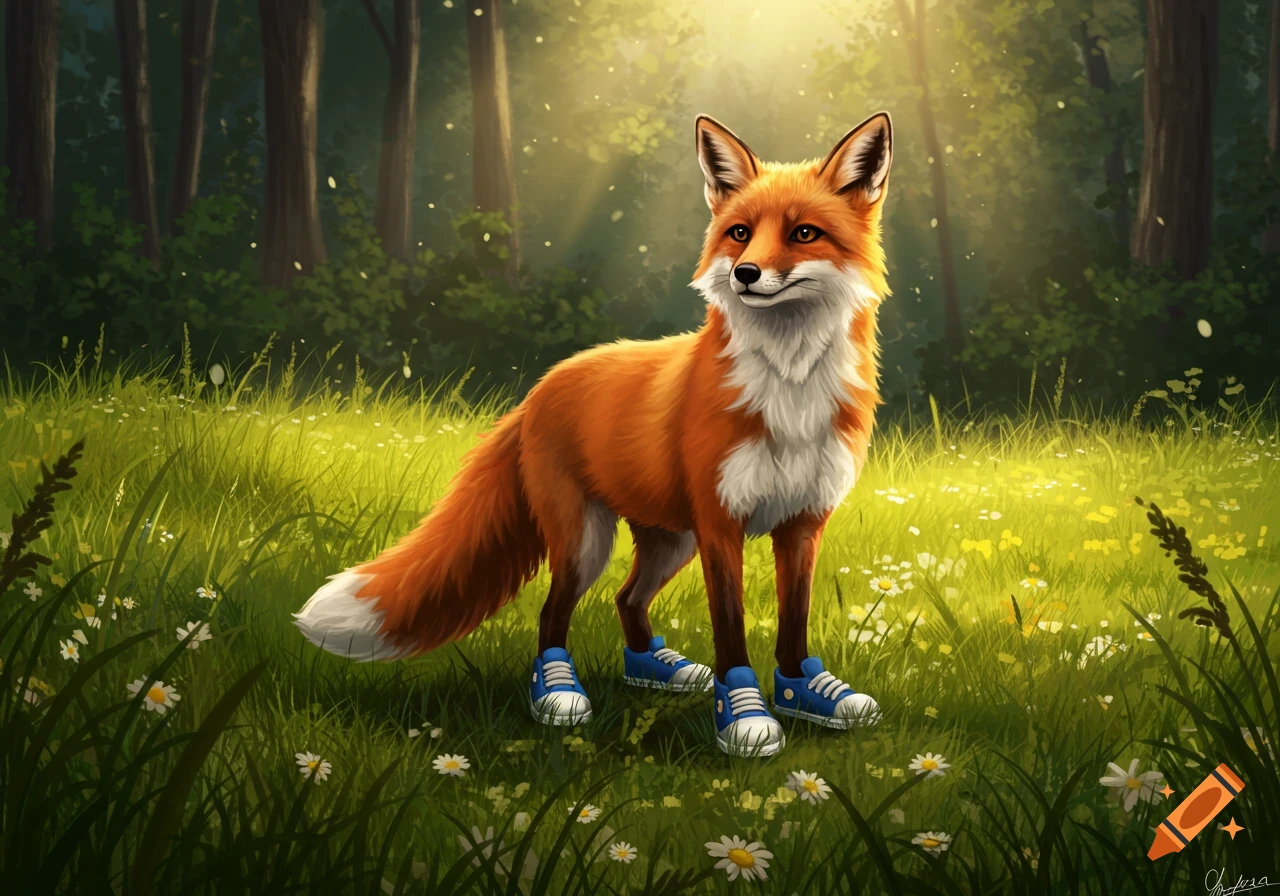 An illustrative red fox wearing blue and white sneakers stands in a sunlit forest clearing with green grass and white flowers.