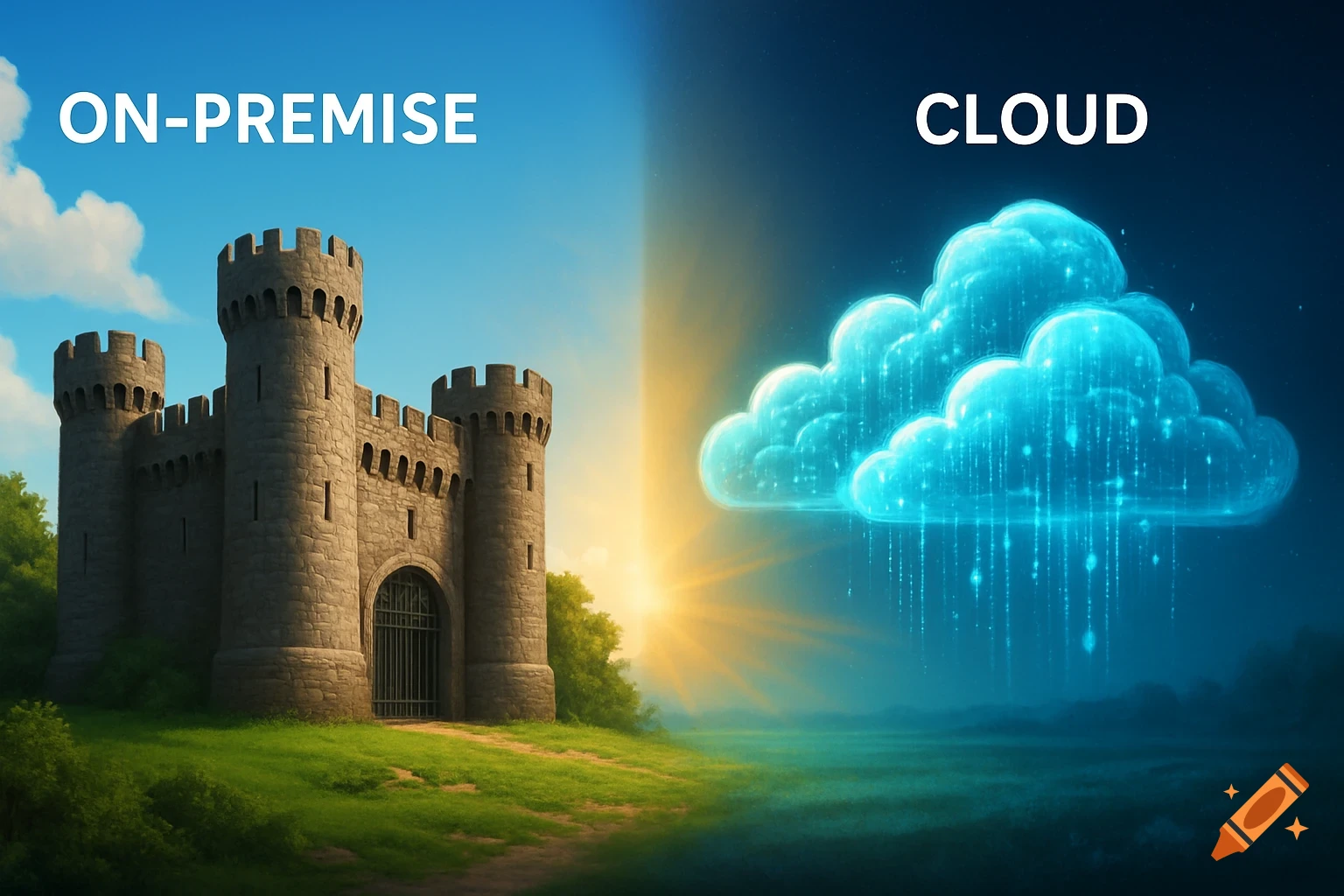 Conceptual art comparing 'ON-PREMISE' (a stone castle on a hill) and 'CLOUD' (glowing blue data clouds).