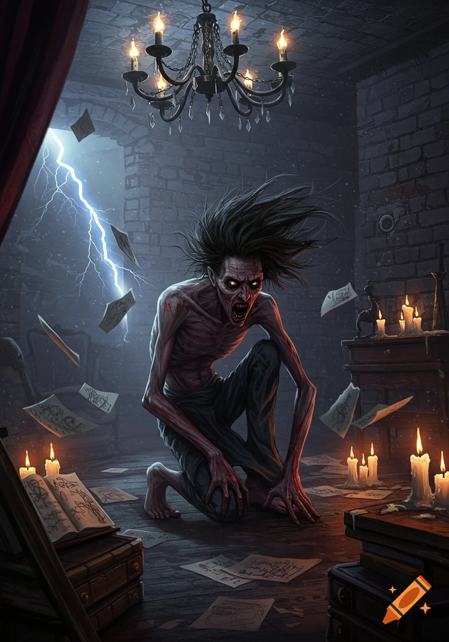 A monstrous, gaunt man with glowing eyes hunches in a dark, stormy dungeon room with candles and arcane papers, dark fantasy art.