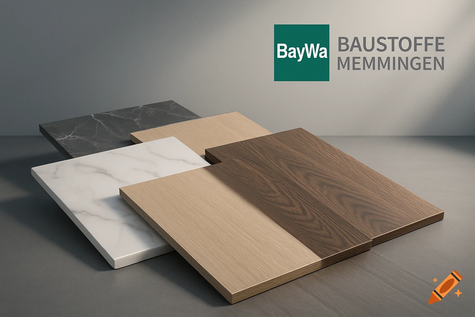 Photorealistic display of wood and marble building material samples with the BayWa Baustoffe Memmingen logo.