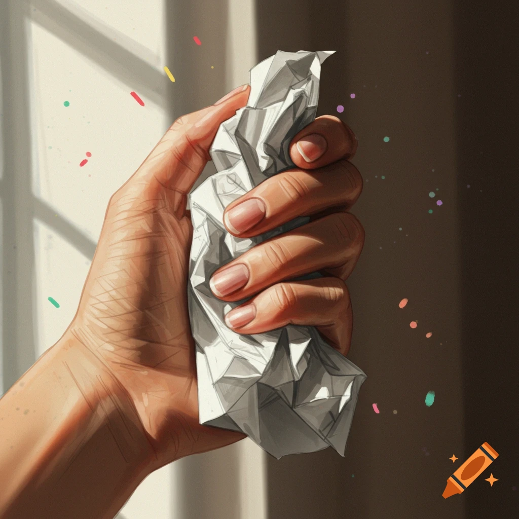 A detailed illustration of a hand firmly gripping a piece of crumpled paper, illuminated by sunlight streaming through a window.
