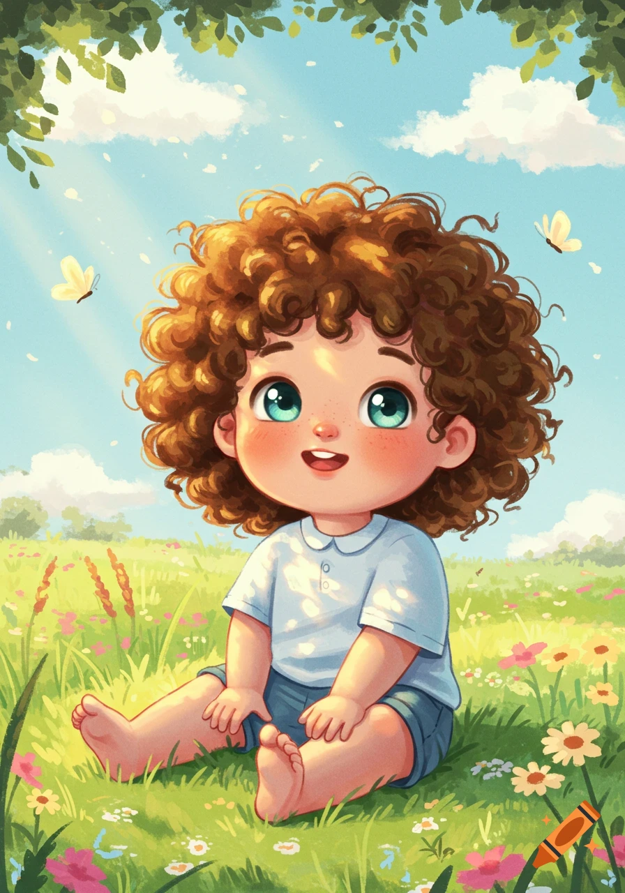 A cute, smiling child with curly brown hair and big blue eyes sits in a sunny green field with flowers, in an illustration style.