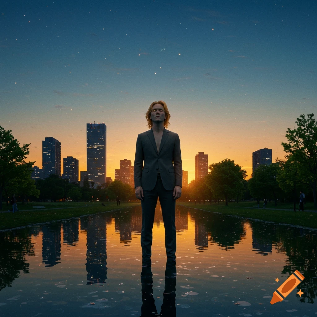 A pale man in a dark suit stands in shallow water, looking at a starry twilight sky. A city skyline at sunset reflects in the water behind him.