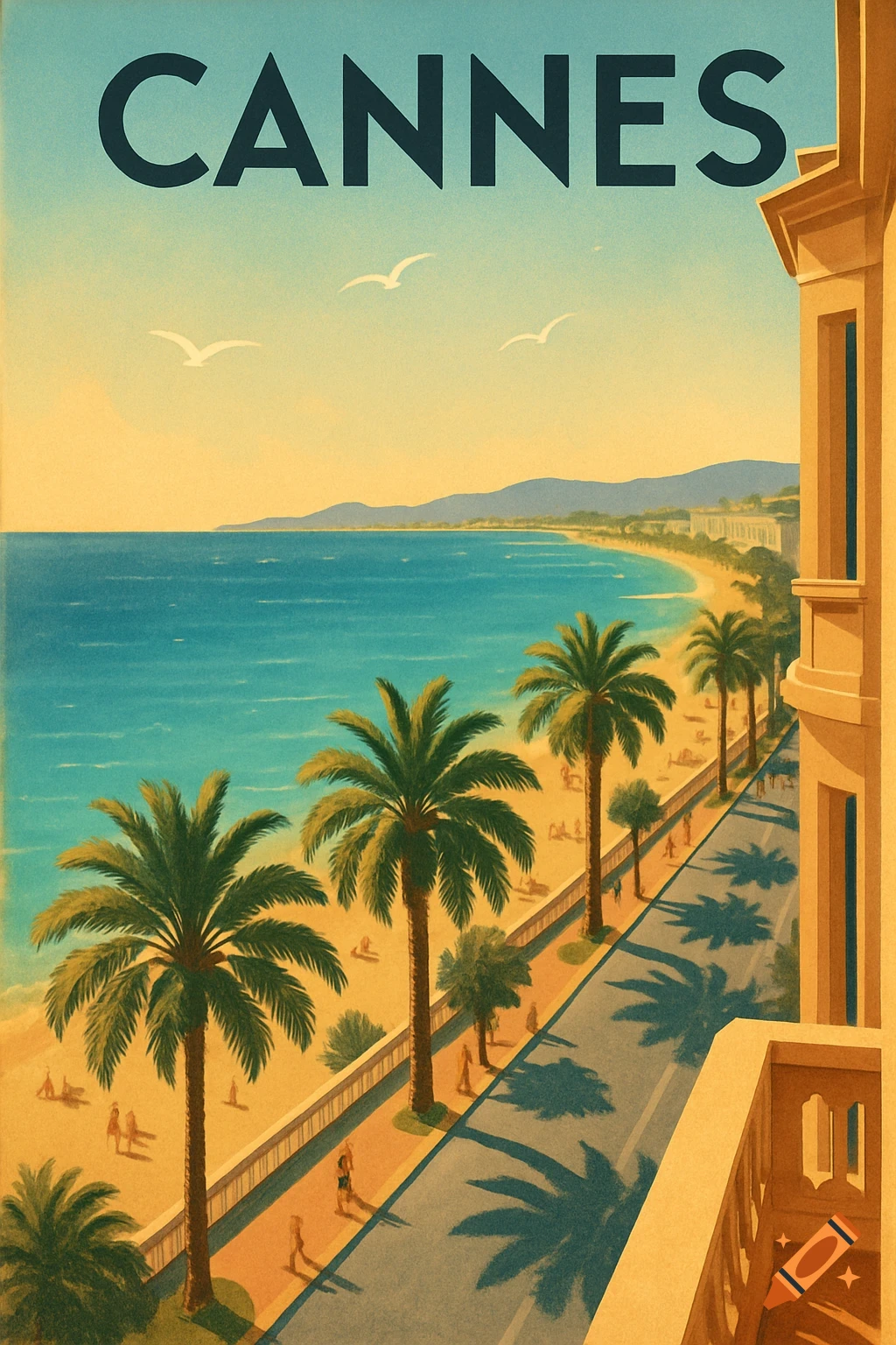 A vintage-style travel poster of Cannes, France, showing a view of the beach, sea, palm trees, and a building from a high vantage point, with the word "CANNES" at the top.