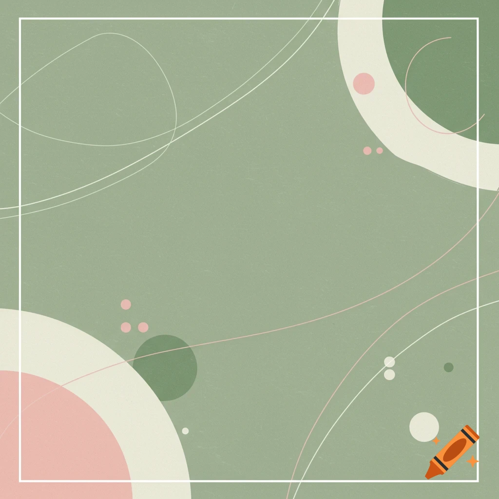 Abstract sage green background with pink, white, and dark green circles, dots, and flowing lines, framed by a white square.