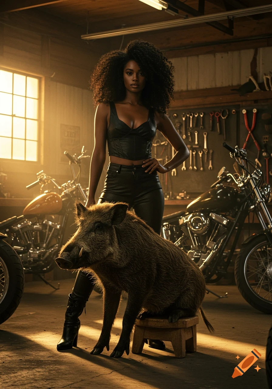 A woman in a leather outfit stands with a wild boar on a stool in a motorcycle garage with warm lighting.