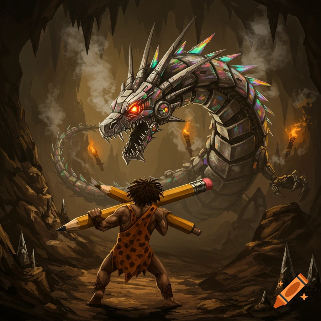 A muscled caveman holding giant pencils fights a metallic, glowing-eyed robot dragon in a dark cave, digital art.