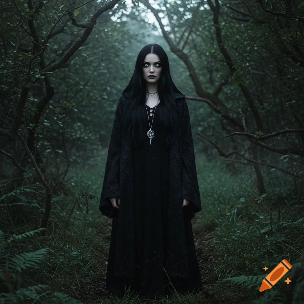 A woman with long dark hair, pale skin, and glowing green eyes stands on a path in a dark, misty forest, wearing a black cloak and dress with a silver pendant.