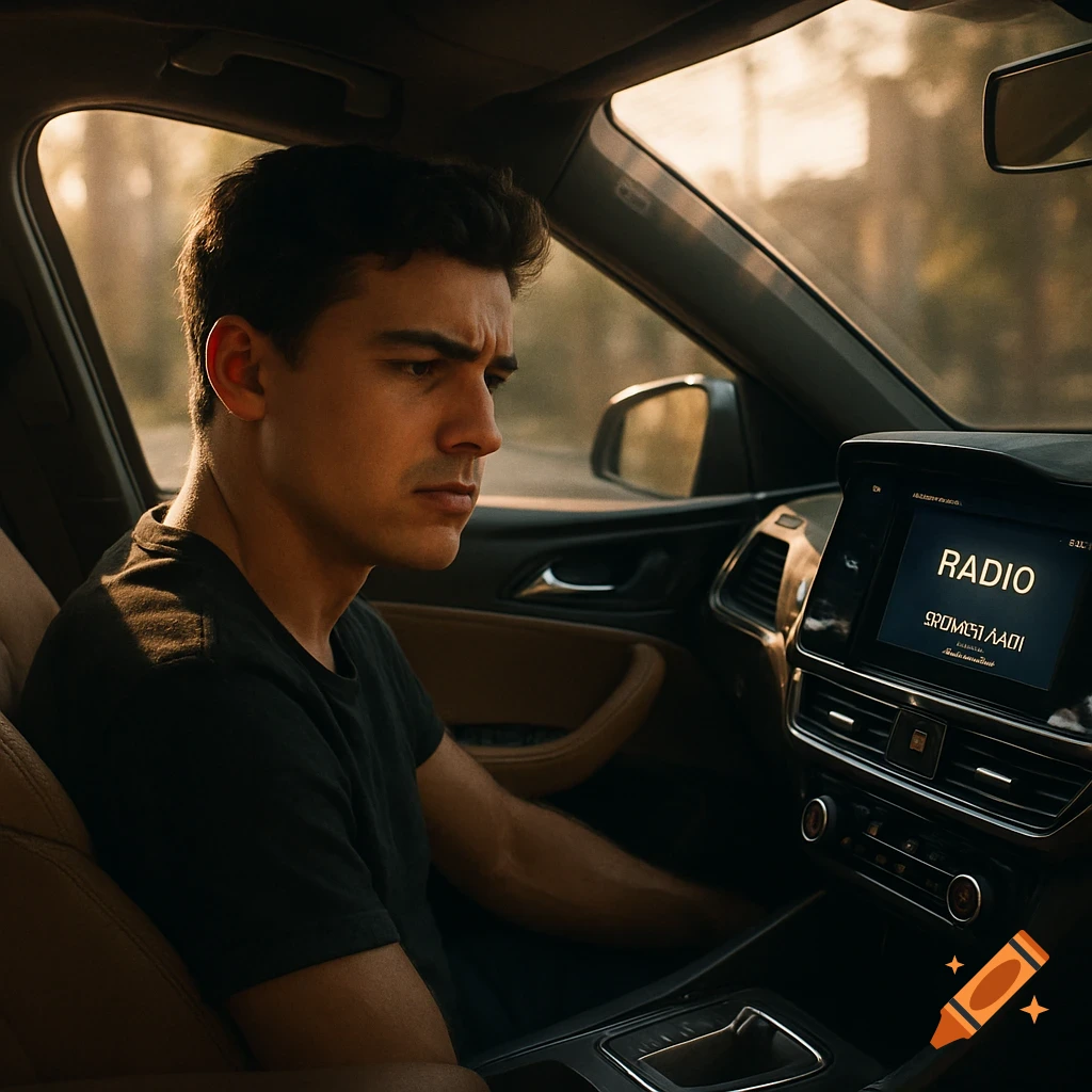 A young man with a slight frown sits in the driver's seat of a modern car, looking towards the radio screen which displays 'RADIO' and garbled text. Sunlight streams through the window in a cinematic style.