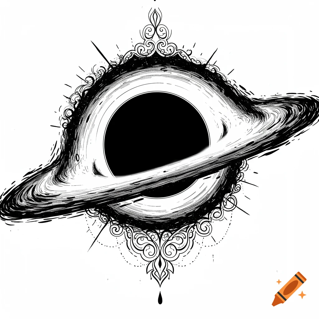Black hole illustration in tattoo style with swirling accretion disk and ornate decorative frame.