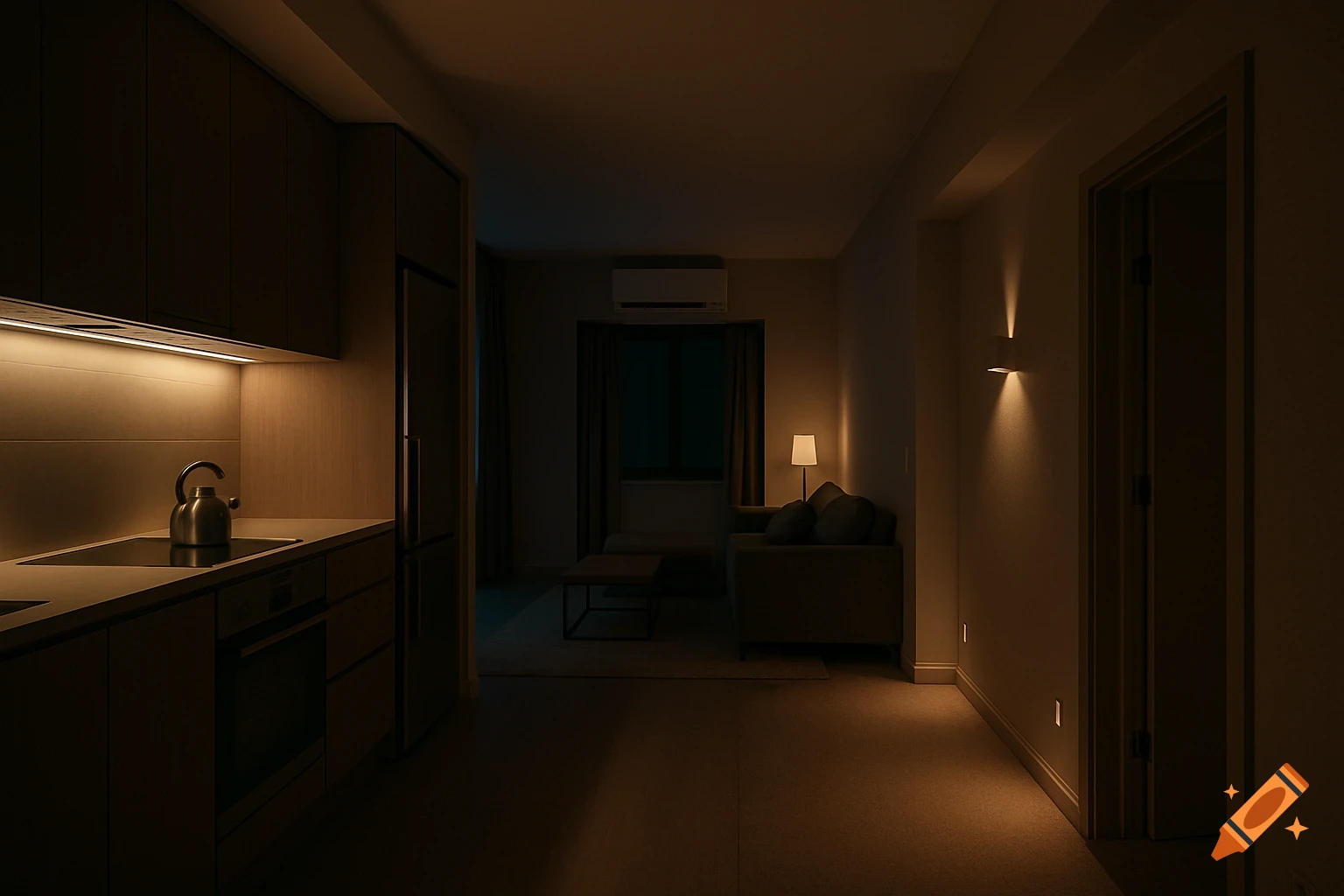 A dimly lit modern apartment interior showing a kitchen counter with a kettle on the left, and a living room with a sofa and lamp in the background.