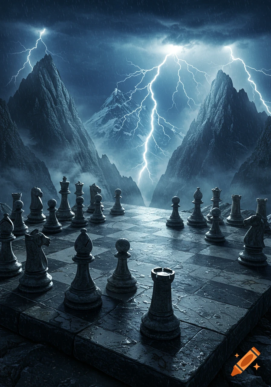 A dramatic stone chess board on a mountain plateau under a stormy, lightning-filled sky with jagged peaks and rain.