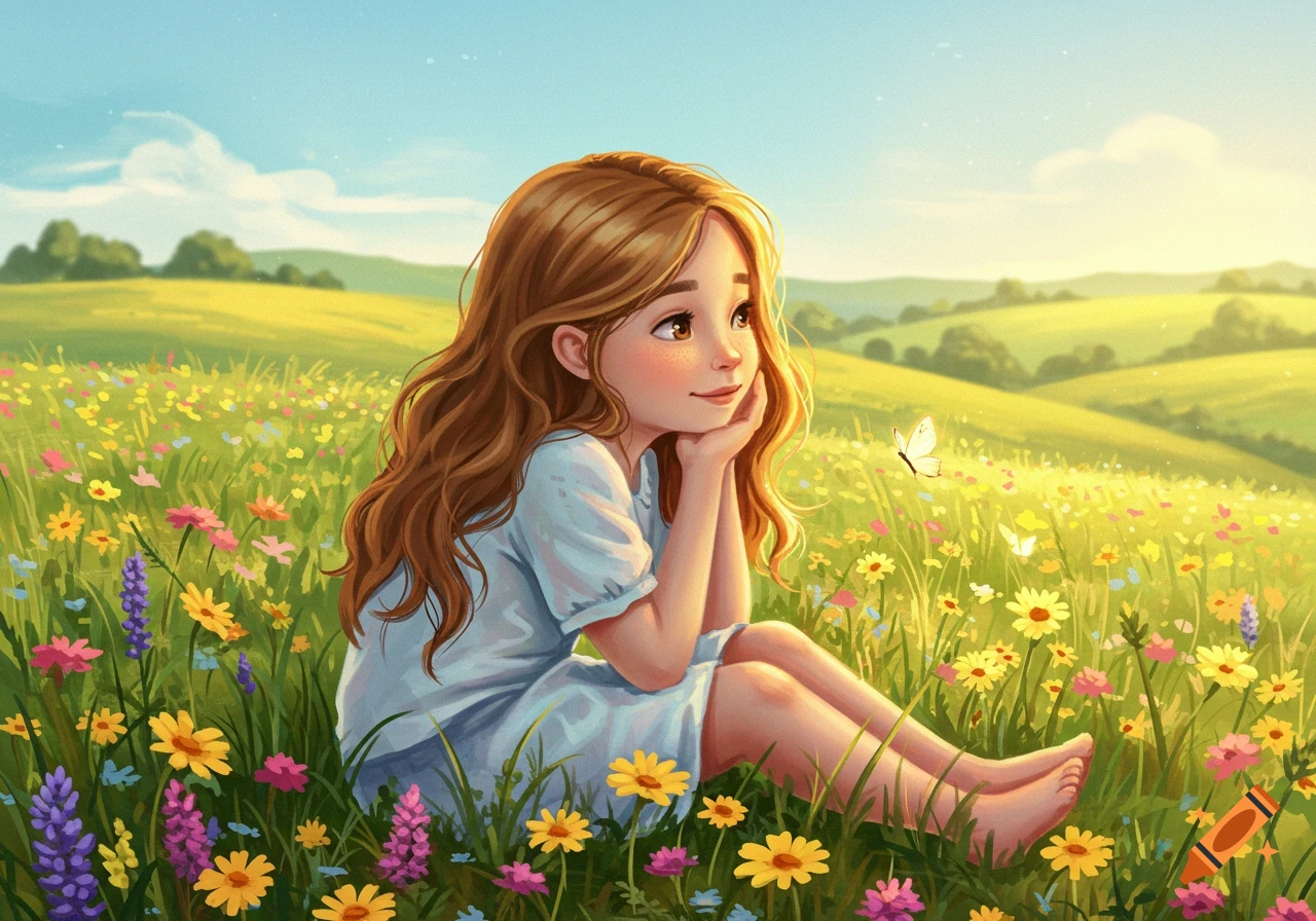 A cute young girl with long brown hair sits barefoot in a vibrant, sunlit field of wildflowers, looking up at a butterfly. Illustrated.
