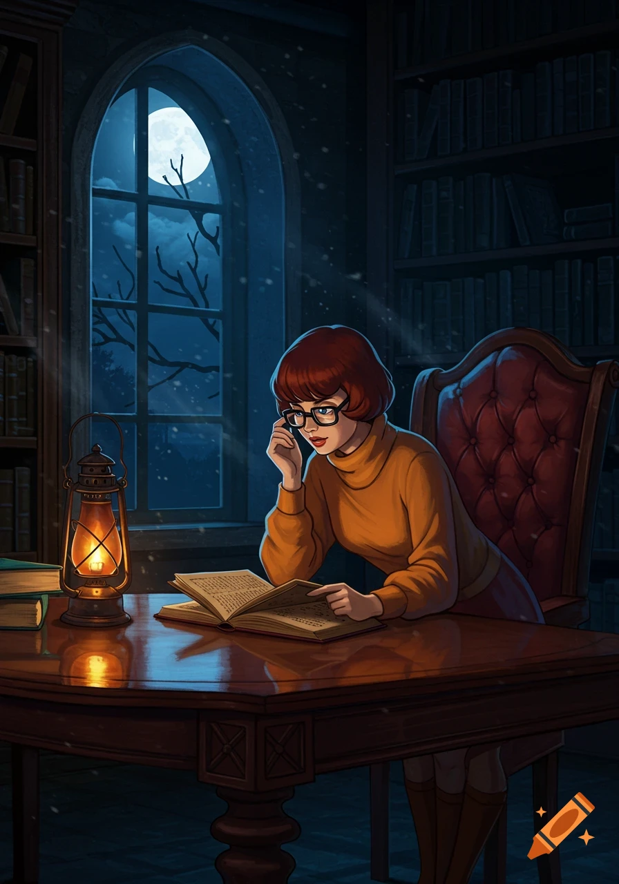 Velma from Scooby-Doo reads a book by lantern light in a dimly lit library at night, with a full moon visible through a gothic window.