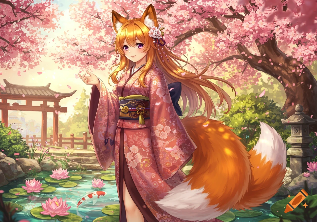 An anime fox girl with long orange hair and large fluffy tail, wearing a pink kimono, stands in a Japanese garden with cherry blossoms, a pond with lily pads, and a koi fish.