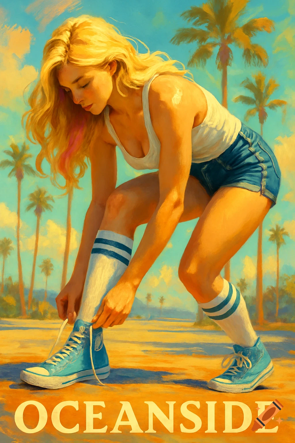 Painterly illustration of a blonde woman tying blue sneakers, wearing a white tank top, jean shorts, and striped socks, with palm trees in the background. 'Oceanside' is at the bottom.