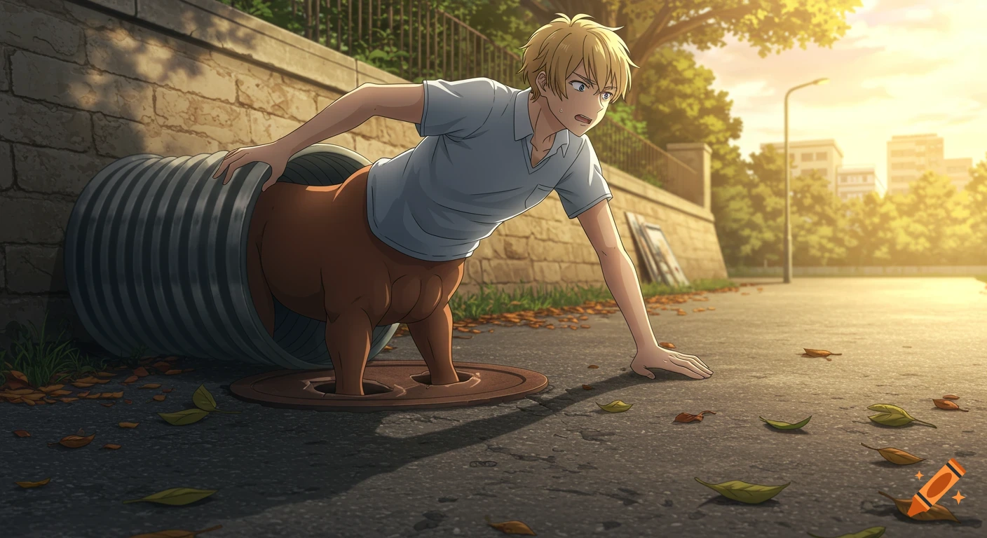 A blonde anime centaur in a t-shirt struggles to climb out of a large runoff pipe on an asphalt street.