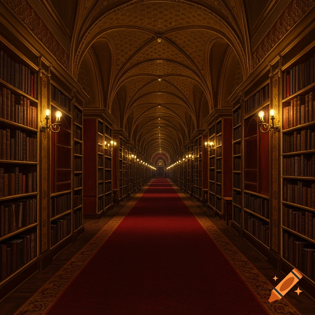 A long, ornate library corridor with a red carpet stretching into the distance, lined with bookshelves and illuminated by golden wall sconces.