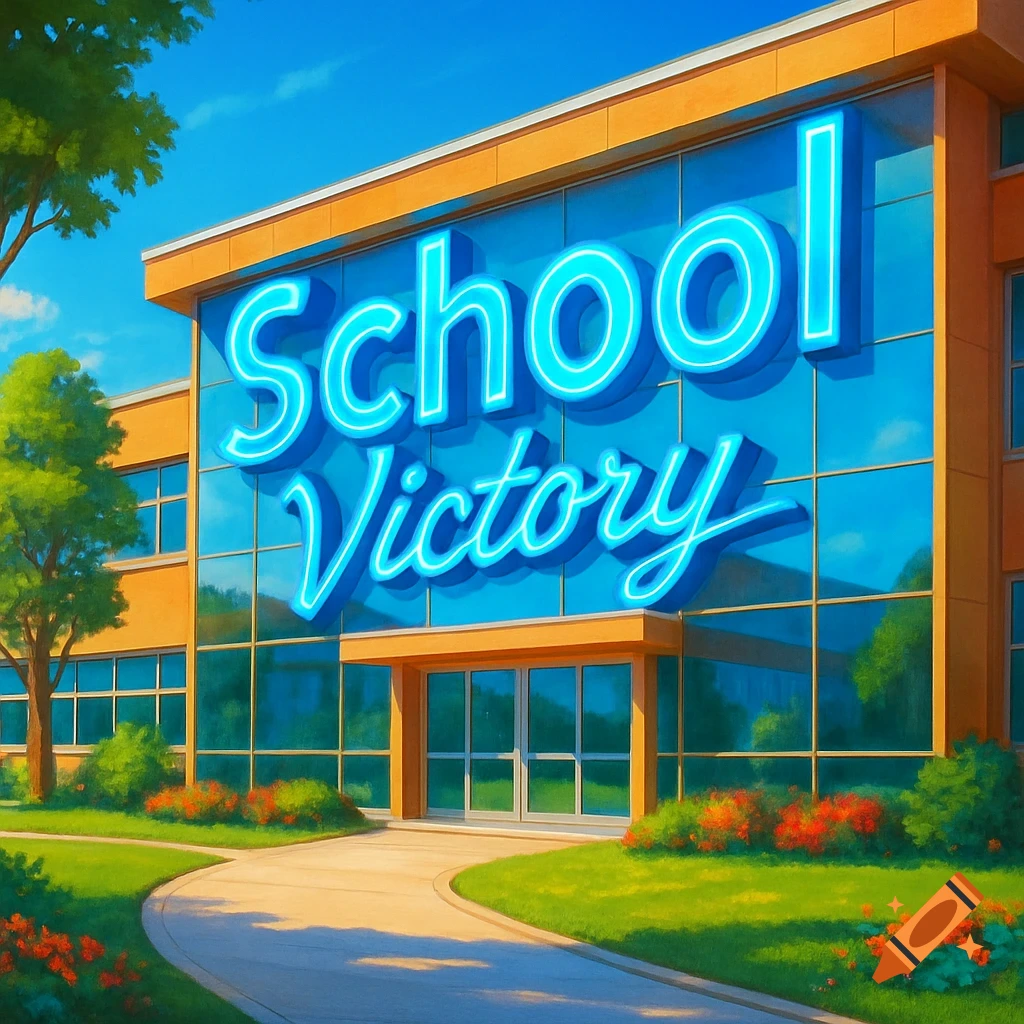 Vibrant, stylized school building with large neon blue 'School Victory' text on its glass front, surrounded by green lawns and flowers.