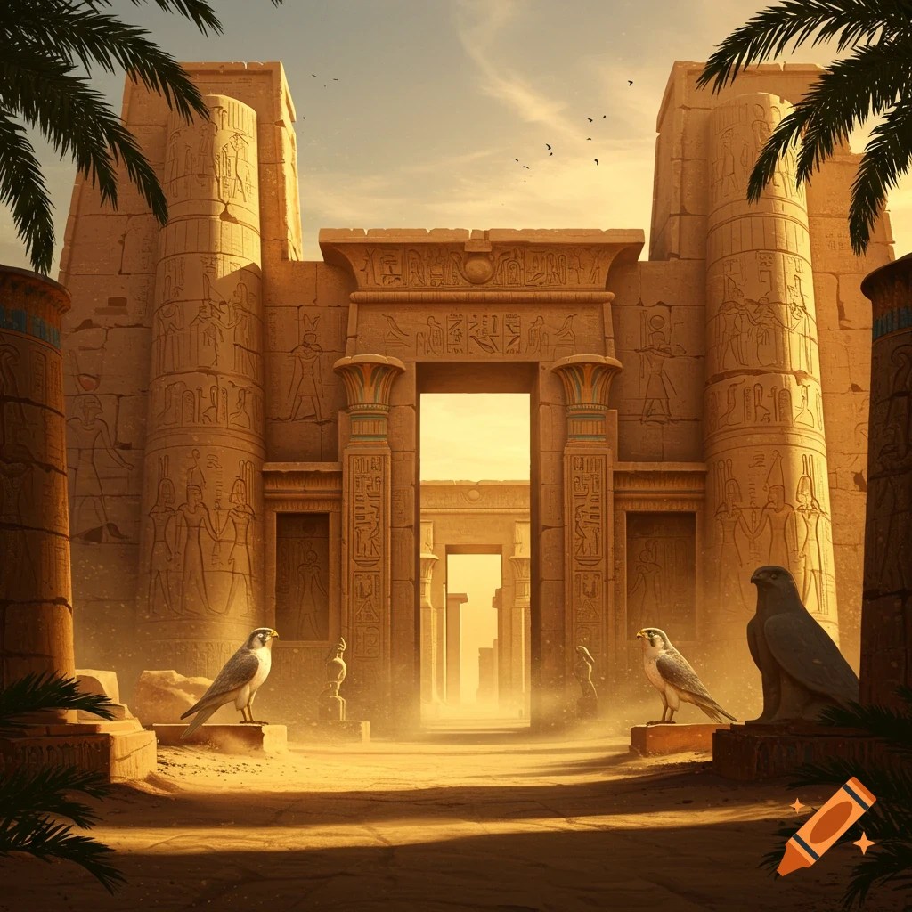 A photorealistic image of an ancient Egyptian temple entrance with hieroglyphics, palm trees, and two falcons at sunset.