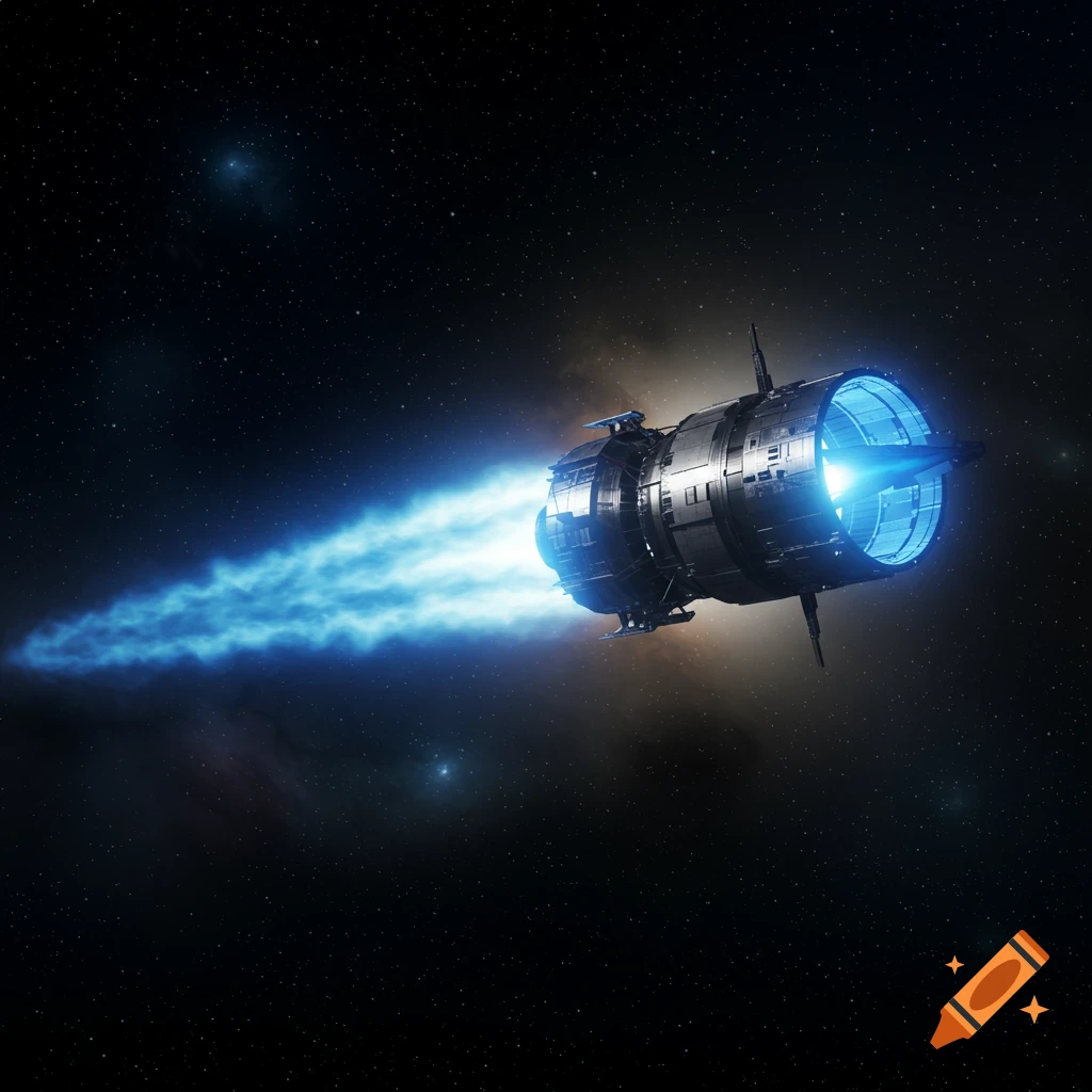 A futuristic spacecraft with a glowing blue ion engine exhaust traveling through deep space, surrounded by stars.