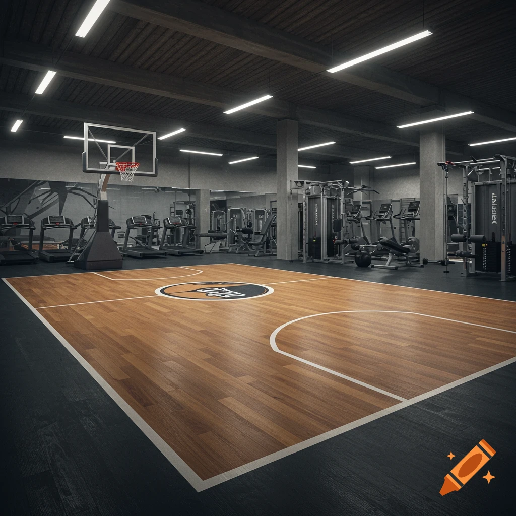 A photorealistic render of a modern gym with a wooden basketball half-court in the foreground and various exercise machines in the background.