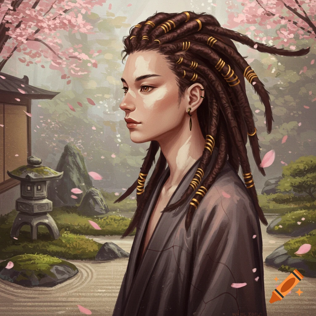 Digital painting of a person with dreadlocks adorned with gold rings, wearing a gray kimono, in a Japanese garden with cherry blossoms.