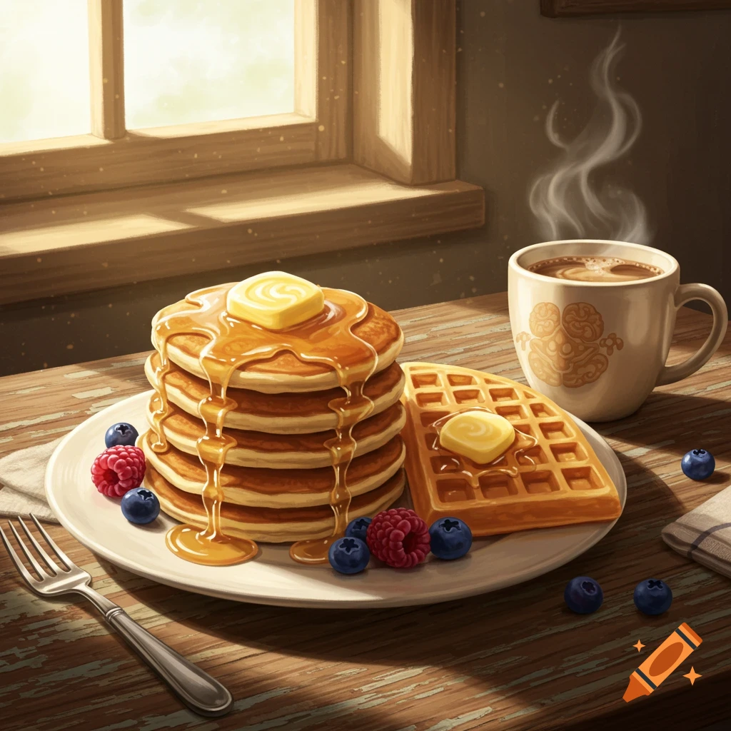 A plate of pancakes and a waffle with syrup, butter, and berries next to a steaming mug on a sunlit wooden table.