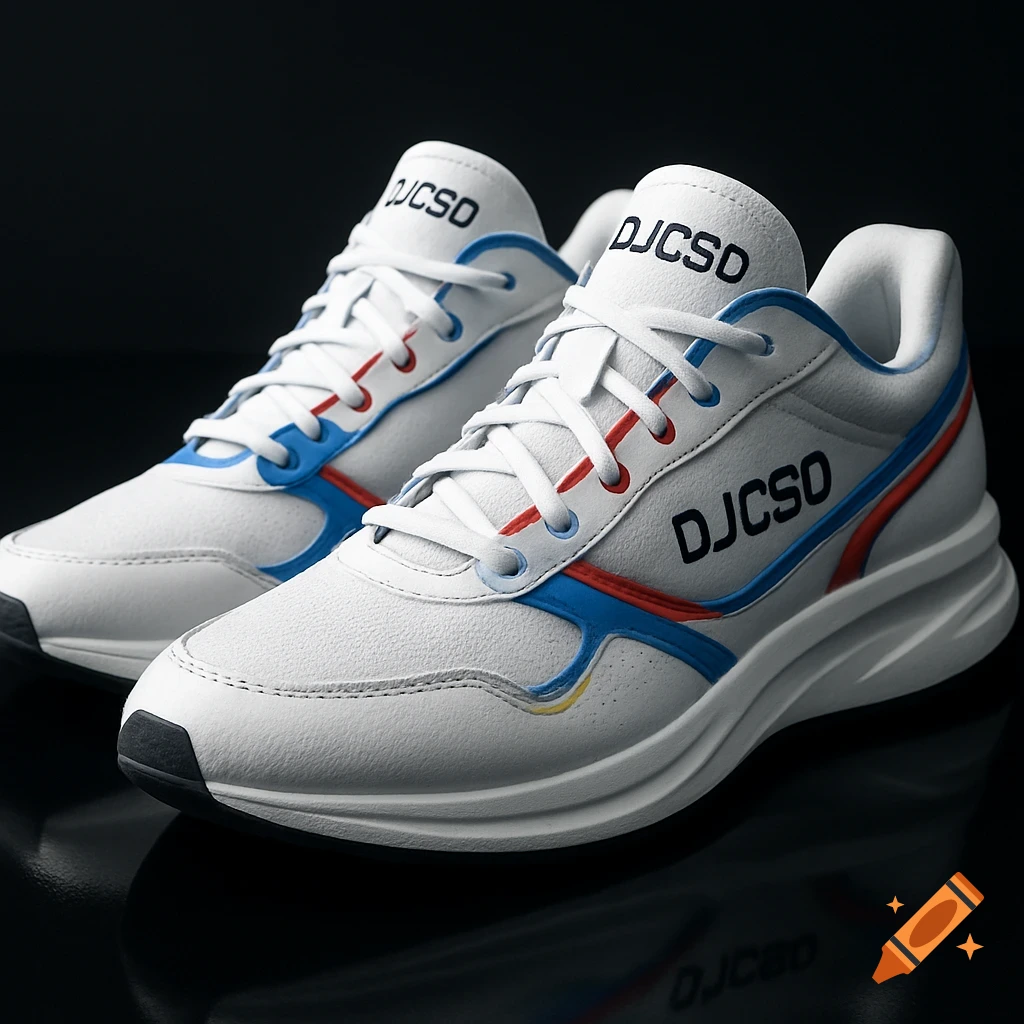 A pair of white sneakers with blue and red stripes and the 'DJCSD' logo on a dark background.